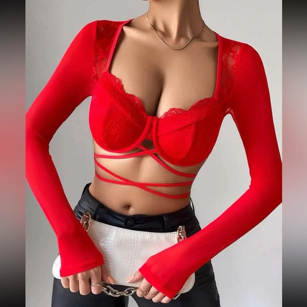 Boho lace crisscross tie back crop top